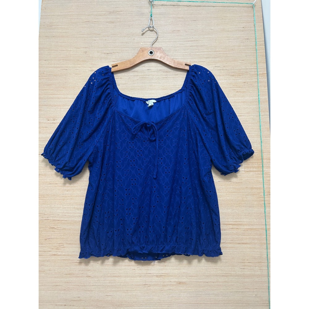 Cato Royal Blue‎ Eyelet Puff Sleeve Square Neck Blouse Top Large